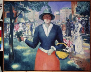 En Blomstertjej. Sommarscen, folkvandringar i en offentlig park mitt i staden, porträtt av en blomstersäljare. Målning av Kasimir Severinovich Malevich (Malevich, Malevic) (1878-1935), olja på duk