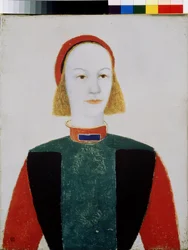 En ung flicka (A Girl). Målning av Kasimir Severinovich Malevich (Malevich, Malevic) (1878-1935), olja på duk 1932. Rysk konst, avantgarde, 1900-tal, suprematism. Ryska statens museum, Sankt Petersburg