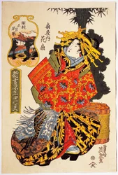 Kurtisanen Hanaogi från huset Ogiya vid kurtisanernas vårparad, omkring 1830, ukiyo-e-konsttryck av Keisai Eisen (1790-1848), Oban tate-e-träsnitt, 38.5 x 25.7 cm, japansk civilisation, Edo-perioden