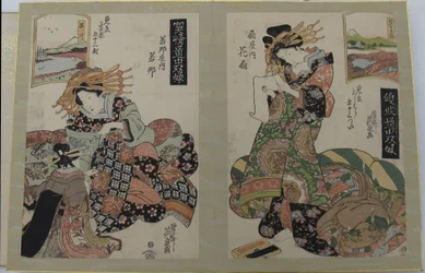 Album med tryck ur serien Ett Tōkaidō-brädspel med kurtisaner, femtiotre par i Yoshiwara (Keisei dōchū sugoroku, Mitate Yoshiwara gojūsan tsui)