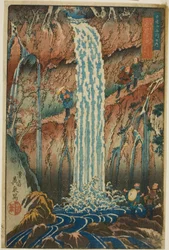 Backward-viewing Falls, ett av de tre vattenfallen (Urami-ga-taki, santaki no sono ikkei), från serien "Berömda natursköna platser i bergen i Nikko (Nikkosan meisho no uchi)"