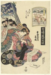 Courtesan Katsuragi från Sugata Ebiya house, jämfört med Chirifu station. Sugata Ebiya uchi Katsuragi, Chirifu (titel på objekt) resespel med kurtisaner; de 53 stationerna i Tokaido jämfört med Yoshiwara. (serietitel) Keisei