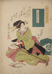 Kvinna som sätter en sträng på en shamisen, ur serien: Musiktävling i Edo i shamisen-spel - Edo ongyoku uta-awase