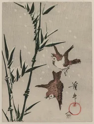 Sparvar, bambu och fallande snö, ca. sent 1820-tal.