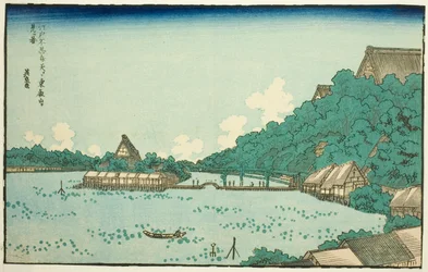 Toeizan-templet sett från Shinobazu Benten Shrine i Edo (Edo Shinobazu Benten yori Toeizan o miru zu), från en serie av kända platser i Edo med ramar av västerländska bokstäver
