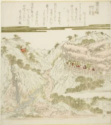 Utsikt över Miyanoshita Hot Springs i Hakone, Soshu, från serien "Hot Springs - A Diptych (Onsen niban tsuzuki)"