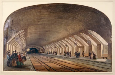 Interiör av Baker Street Station som visar plattformar och ett annalkande tåg, London, c1865