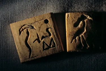 Predynastisk elfenbensetikett, tidigaste skrift, Dr. Gunter Dreyer, Egypten, 2005 (foto)