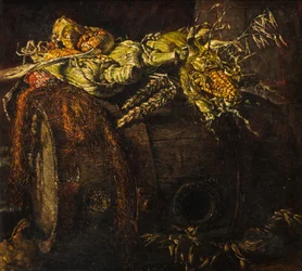 Old Barrel and Cobs of Corn (olja på duk)