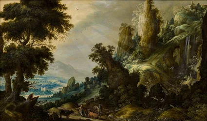 Bergslandskap med vattenfall, 1605-1609