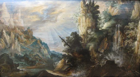 "Ett bergslandskap med ett vattenfall" av Kerstiaen de Keuninck, ca 1600
