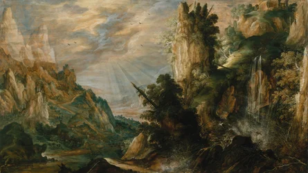 Ett bergigt landskap med ett vattenfall, ca. 1600.