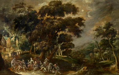 Landskap med frestelsen av Sankt Antonius den store av Egypten (olja på panel)