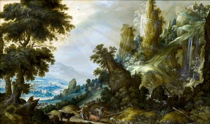 Bergslandskap med vattenfall av Keuninck, Kerstiaen, de (ca. 1560-1633)