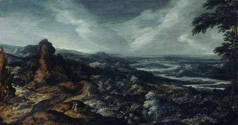 Panoramalandskap med Tobias och ängeln