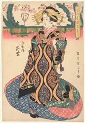 Courtesan Hanamurasaki från Tamaya-huset Tamaya uchi Hanamurasaki (titel på objekt) Berömda blommor från de raffinerade nöjeshusen (serietitel) Furyu seiro meika awase (serietitel på objekt)