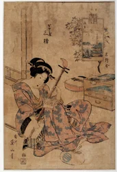 Konst japan: musiker. Tryck av Eizan Kikugawa (1787-1867) Rennes från 1700-talet, Musee des Beaux Arts