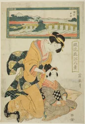 Evening Glow at Seta (Seta sekisho), från serien "Fashionable Eight Views of Omi (Furyu Omi hakkei)"