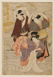 Träklosstryck-Grupp av tvättkvinnor, 1800-talet