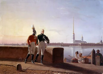 Den ryske tsaren Alexander I (1777-1825) och hans bror Konstantin i utkanten av Neva-målningen av Kil (1800-talet) Eremitagemuseet, Sankt Petersburg