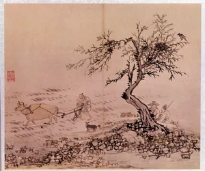 Art coreen: scene de plowing. Tryck av Kim Hong-do (Kim Hong Do) eller Danwon (1745-ca. 1806)