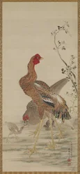 Tupp, höna och kycklingar, Edo-period (bläck och färg på siden)