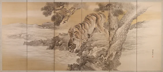 Sexfaldig skärm föreställande en drickande tiger, 1749-1838