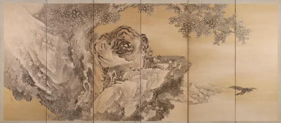 Sexfaldig skärm föreställande en rytande tiger, 1749-1838