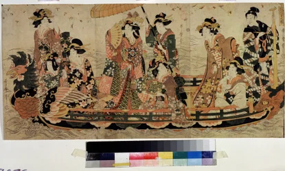 Beundra körsbärsblommorna (Hanami) (Cherry Blossom Viewing, Hanami). Tryck av Kitagawa Utamaro II (?-1831). Färgetsning, 37 x 76 cm. österländsk konst. Pushkin-museet, Moskva