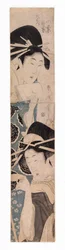 Två kurtisaner, en med sakekopp, ca 1795-1804 (träsnitt i färg)