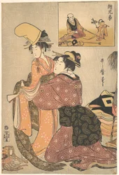 En kvinna klär en flicka för kabukidansen ”Musume Dōjōji”, med en ”syskonbild” (E-kyōdai) av en apdressör