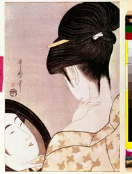 En kvinna pudrar nacken i skuggan. Japanskt tryck av Kitagawa Utamaro (1753-1806). 0,37 x 0,22 m. 1795-1796. Paris, Musée Guimet, Nationalmuseet för asiatisk konst