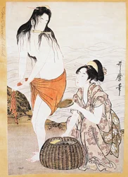 Awabi (mollusker) fiskare i vatten, ukiyo-e konsttryck av Kitagawa Utamaro (1753-1806), träsnitt, japansk civilisation, Edo-period