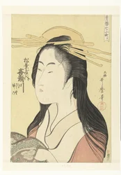 Bystporträtt av kurtisan Kisegawa från Matsubaya-huset. Matsubaya uchi Kisegawa (titel på objekt) De sju Komachi från nöjeshusen (serietitel) Seiro nana Komachi (serietitel på objekt)