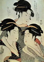 Nærbillede af et maleri af tre kvinder, Kitagawa Utamaro, Kansei-æraen, Japanswed