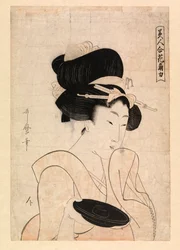 Courtesan håller en sakekopp, ca 1790-1806 (träsnitt i färg)