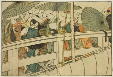 Crossing a Bridge in Summer, från den illustrerade boken "Picture Book: Flowers of the Four Seasons (Ehon shiki no hana)," vol. 1