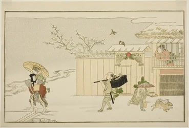 Leverera nyårspresenter i snön, från den illustrerade kyoka-antologin "The Young God Ebisu (Waka Ebisu)"