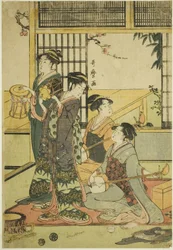 Trummor och Shamisen (trätryck i färg; aiban)