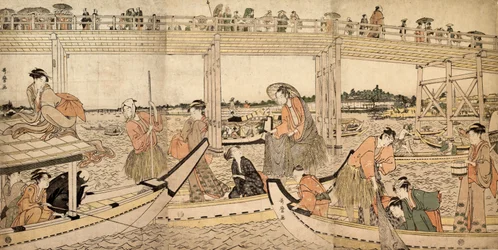 Fiskebåtar med nät under Ryogoku-bron, 1790-talet.