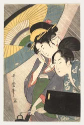 Geisha och följeslagare en regnig natt