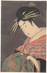 ”Hanaōgi från Gomeirō”, ur serien Jämförelse av skönheters behag (Bijin kiryō kurabe: Gomeirō Hanaōgi)