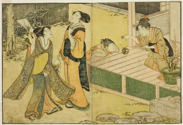 Nyårsspel med fjäderboll, slagträ och handboll, ur den illustrerade boken "Bildbok: de fyra årstidernas blommor (Ehon shiki no hana)", vol. 1