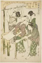Nr 10 (ju), från serien "Kvinnor Engagerade i Sericulture Industry (Joshoku kaiko tewaza-gusa)"