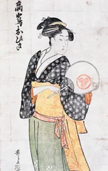 Ohisa från Takashima tehus, kvinna i kimono med fläkt, ukiyo-e konsttryck av Kitagawa Utamaro (1753-1806), träsnitt, japansk civilisation, Edo-period