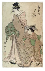 Oiran med två Kamuro, Edo-perioden, ca 1790 (träsnitt på papper)
