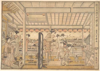 Bild av de tillfälliga bostäderna i det nya nöjeskvarteret Yoshiwara i Ryōgoku (Shin Yoshiwara Karitaku Ryogoku no zu)