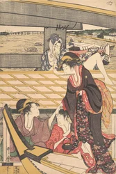 Nöjesfester i båtar på Sumidafloden under Ryogoku-bron, ca. 1796.
