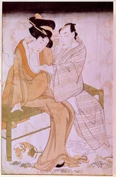 Representation av ett japanskt par som smeker varandra på en bänk. Tryck av Utamaro Kitagawa (1753-1806). Dämpa. 0,38x0,245 m. Paris, Muse Guimet, Nationalmuseet för asiatisk konst