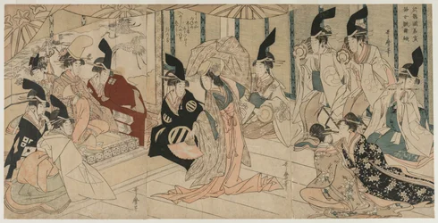 Scen anpassad från pjäsen The Treasury of Loyal Retainers Chushingura, sent 1790-tal.